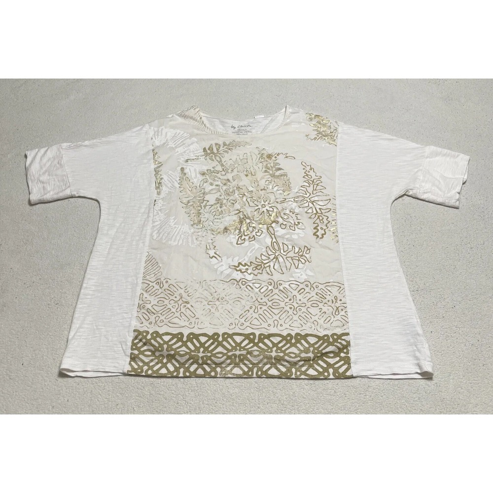 Chicos Blouse Top Women's XL 3 Ivory Short Sleeve Geometric Floral Metallic